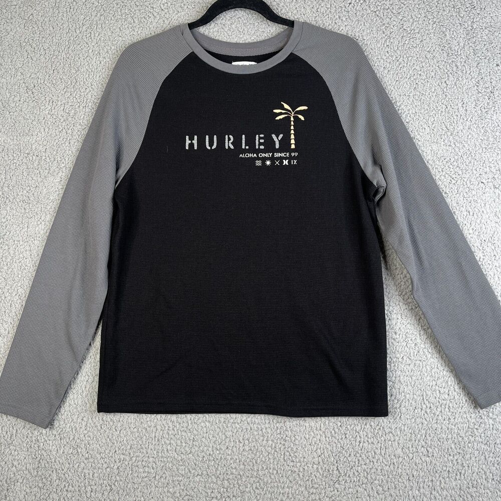 HURLEY Thermal  Shirt Mens S Black Gray Waffle Graphic Long Sleeve Spellout Surf